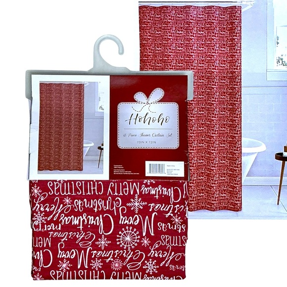 Holiday Shower Curtain Fabric Christmas Phrases and Hooks Set 70 x 72 Red White - Picture 1 of 15